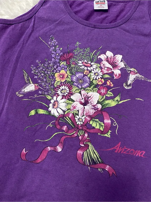 Purple Floral Hummingbird Graphic Sleeveless Tank Boho Grannycore Garden Cottage - Image 3