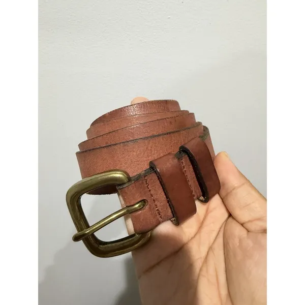 Casual Tan Leather Belt Antique Solid Brass Buckle‎ 1X 46" - Image 2