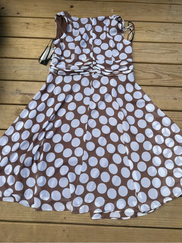 Connected Woman 18W Brown White Polka Dot Ruched Chiffon Midi Dress NWT - Image 6