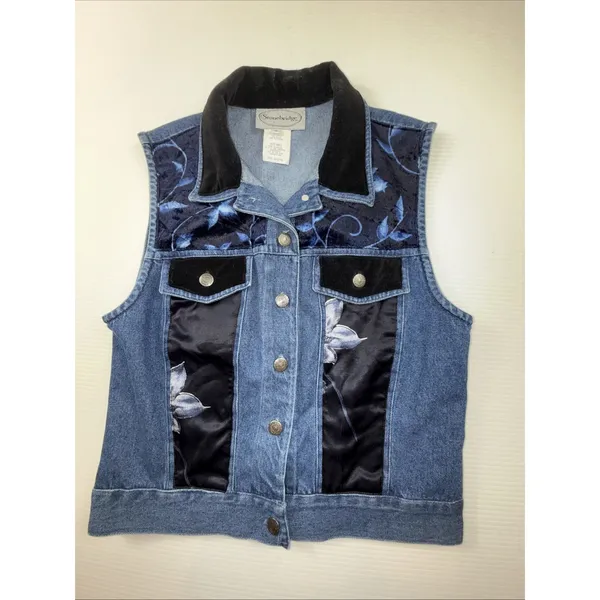 Vintage 1990s Stonebridge blue Floral velvet Satin denim Vest & Skirt Set Size S - Image 4