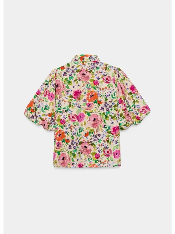 Zara Floral Tie-Front Puff Sleeve Top - Pink, Orange, Green - Image 3
