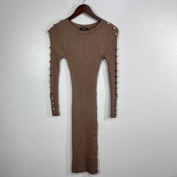 Bebe Ribbed Knit Bodycon Dress Womens XS Sesame Tan Gold‎ Button Shoulder Slit - Image 3