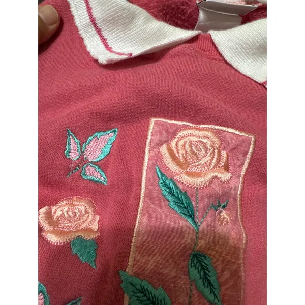 VTG Basic Editions Vintage Embroidered Rose Sweatshirt Collared Pullover‎ Sz L? Red Size L - Image 6