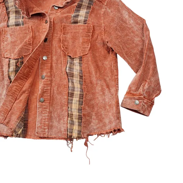 POL Large Corduroy Plaid Mixed Media Shacket Rust Orange Distressed Boho Country - Image 5