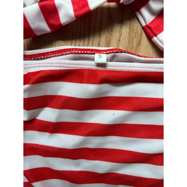 B45 New Womens AMI 2Pc Red White Striped Bikini Set High Waisted Small Waist 24" - Image 5