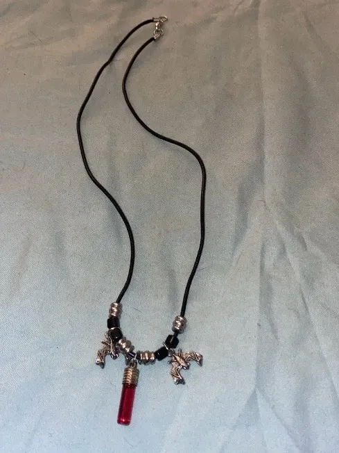 20” Necklace Bat Charms & Garnet Crystal On Black Rope Goth Punk Witchy Gothic - Image 2