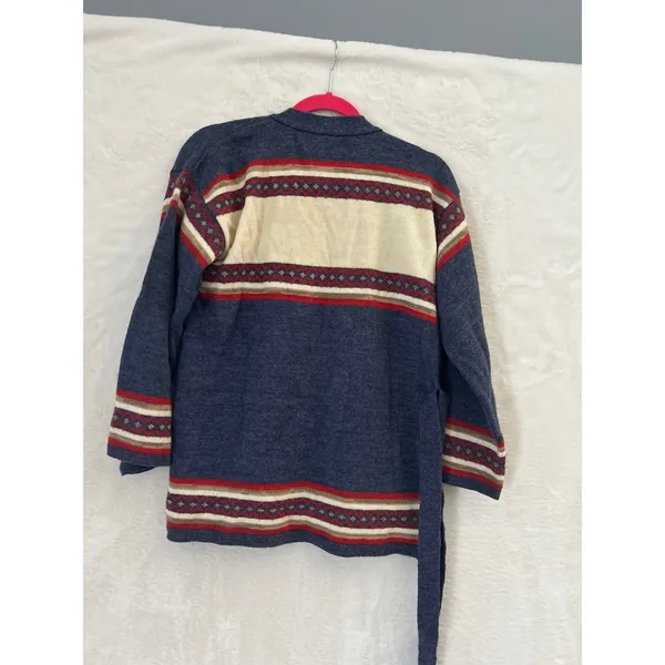 Mademoiselle Knitwear Vintage Nordic Fair Isle Wrap Belted Cardigan Sweater Blue - Image 5