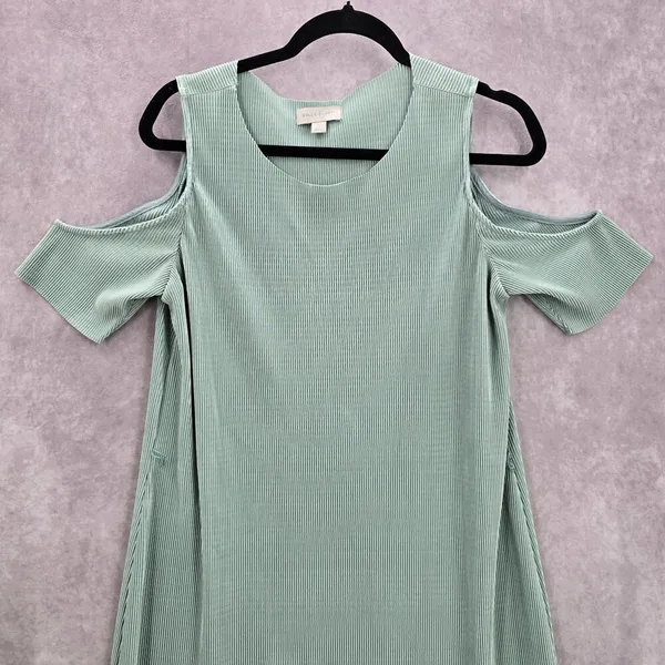 Belle Sky‎ Green Mint Pleated Cold Short Shoulder Knee Length Boho Dress Large - Image 3
