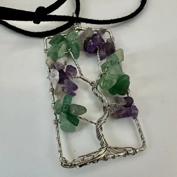 Amethyst and aventurine silver tone tree pendant necklace - Image 6
