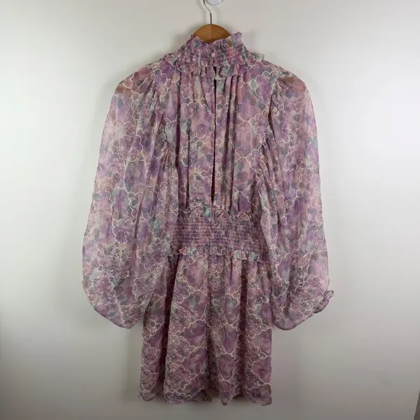 Elliatt Resorts Mini Dress Medium Lilac Multi Floral Embroidered Smocked Cottage - Image 7