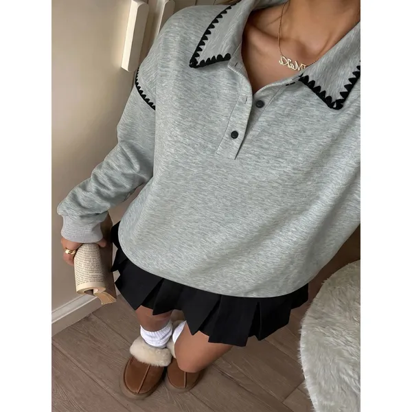 Polo Collar Dropped Shoulder Sweatshirt - Image 5