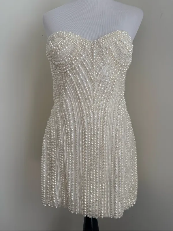 Retrofête NWT Deema Pearl Embellished Strapless Wedding Bridal Mini Ivory Med - Image 8