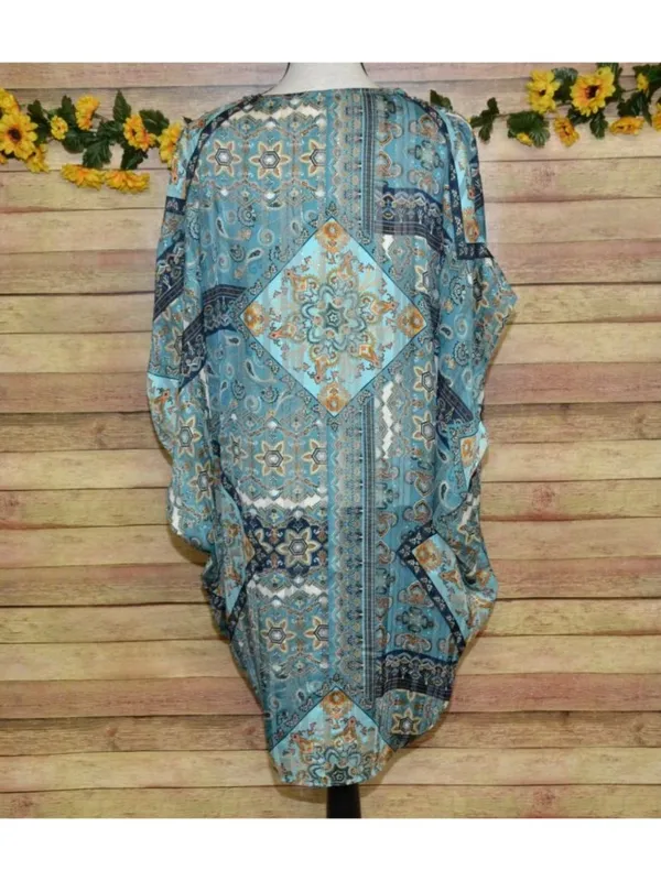 Umgee Womens S/M Blue Paisley Metallic Kimono Duster Boho Open Front Cardigan - Image 7