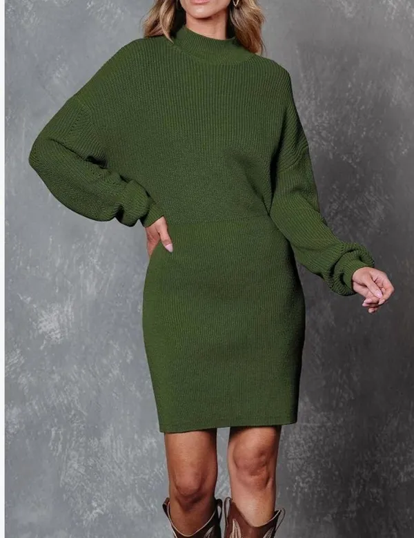 NEW Mock Neck Trendy Lantern Sleeve Ribbed Knit Bodycon Pullover Sweater Dress S - Image 5