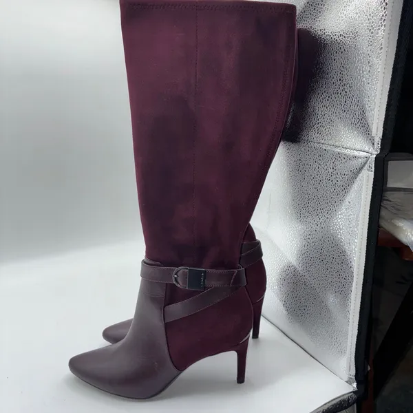 Calvin Klein Jemamine Wide‎ Calf Tall Boots Burgundy Suede Leather Heel Size 6.5 - Image 12