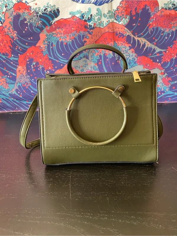 Olive Green Structured Top-Handle Women's Bag with Gold Accents - Image 2