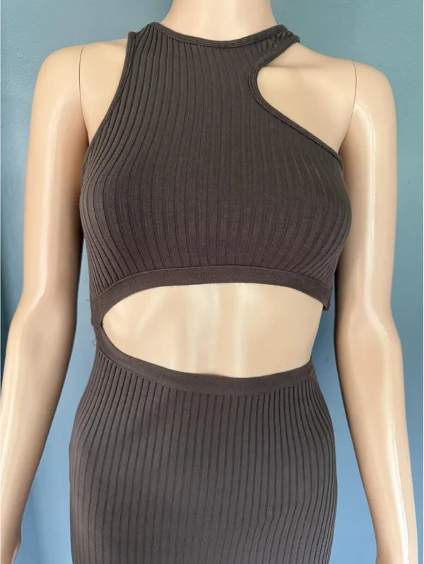 Zara Brown Ribbed Cutout Midi Dress Size Small - Image 4