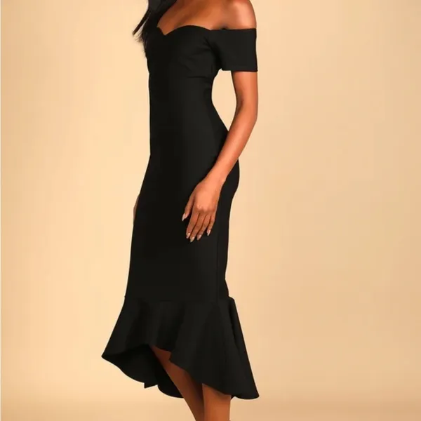 NWT Lulus How Much I Care Off-The-Shoulder Fishtail Midi Dress Black Size Small - Image 2