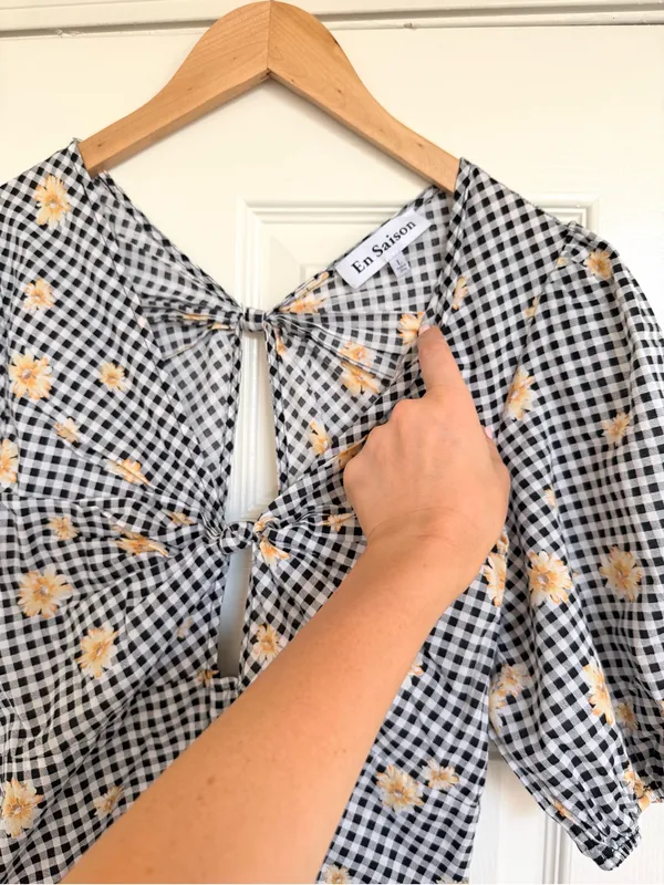 Anthropologie En Saison Floral Gingham Tie Front Cut Out Back Dress‎ - Image 6