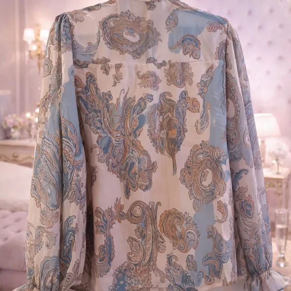 Lg Sheer Paisley Tie-Neck Blouse in Cream and Blue - Image 3