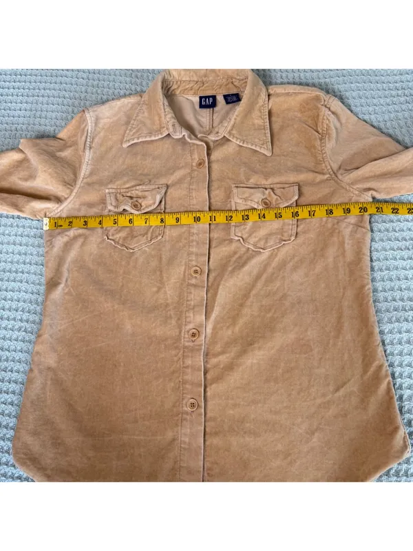 Vintage Y2K Gap Velvet Button Down Shirt Womens Large Tan Retro Top 100% Cotton - Image 8
