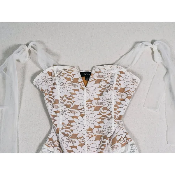 Lulus Lace Corset Bodysuit Shoulder Tie Size S White Floral Bridal Coquette Bach - Image 5