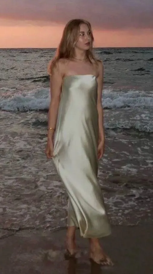 midi dress satin sleeveless tube olive green wedding party summer - Image 16