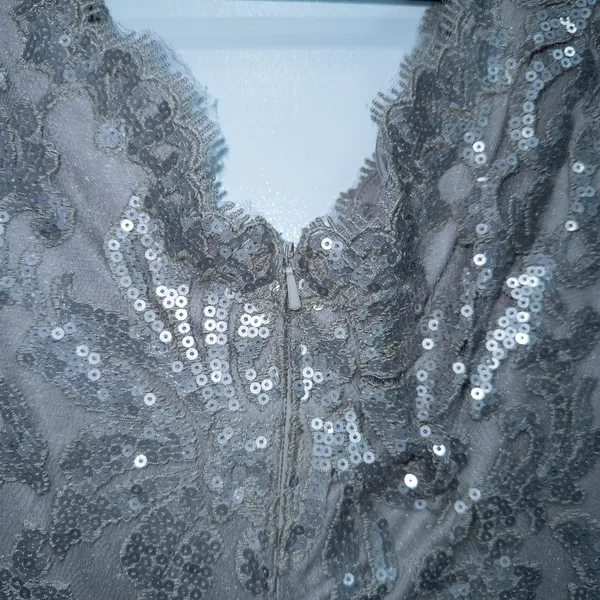 Tadashi Shoji Smoked Pearl Gray Paillette Sequin Lace Sheath Dress Size 2 - Image 9