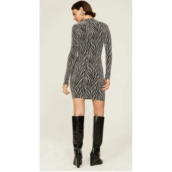 RTR sz 8 all saints Amaya silver black zebra print dress metallic fitted bodycon - Image 3