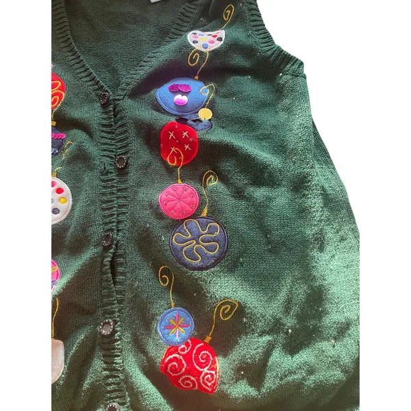 Vintage 90s Green Christmas Holiday Cardigan Sweater Vest Ugly Christmas Sweater - Image 6