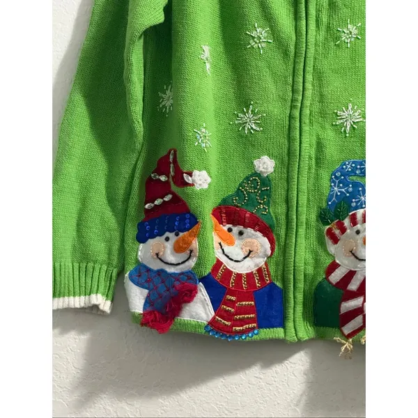 Tiara International Size M Green Christmas Sweater Snowmen Embellished Zip Front - Image 2