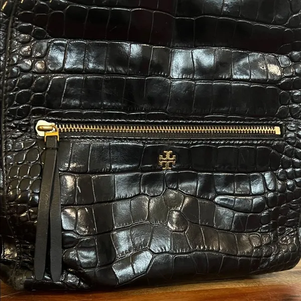 Tory Burch Croc Embossed Black Leather Mini Backpack Purse Gold Logo Casual Luxe - Image 5
