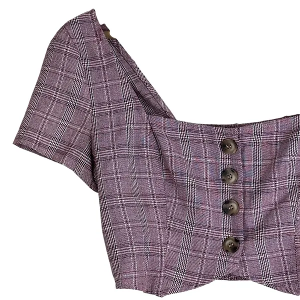 Cotton Candy LA Plaid Square Neck Crop Top Purple Dark Academia Smocked Size M - Image 3