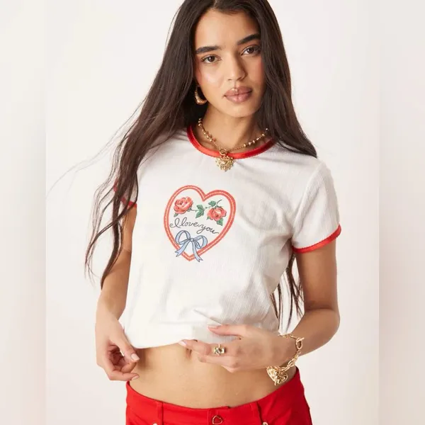 NWT Free People + For Love & Lemons I Love You Heart Baby Tee In White - Image 11