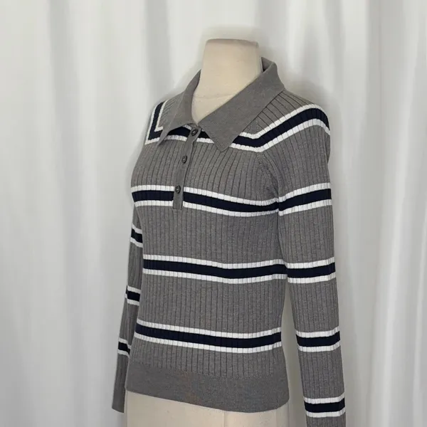 BOHME Striped Polo Henley Sweater Gray Navy Blue White Buttons Pullover Large - Image 6