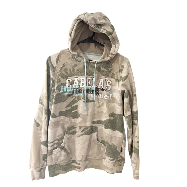 Cabelas Womens Camo Hoodie M Regular Hunted Hunting Graphic Sweatshirt Baby Blue - Image 2
