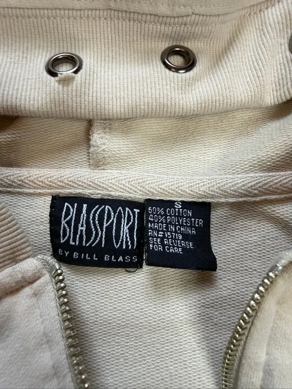 90s Vintage Bill Blass Grommet Zip Up Sweatshirt Hoodie Cream Small - Image 4