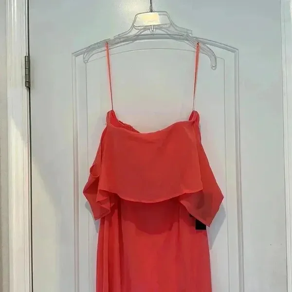 NWT Lulus All My Heart Coral Pink Off-the-Shoulder Maxi Dress Chiffon Sz L - Image 9