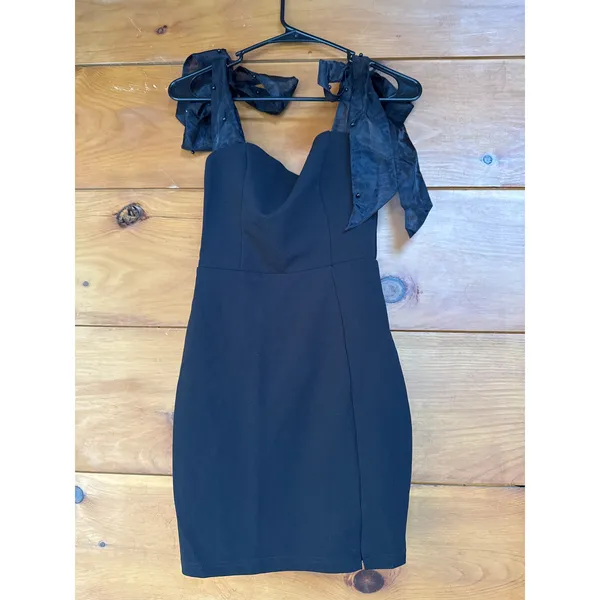 Lulus Beaming Perfection Black Beaded Organza Tie-Strap Mini Dress LBD Size XS - Image 3