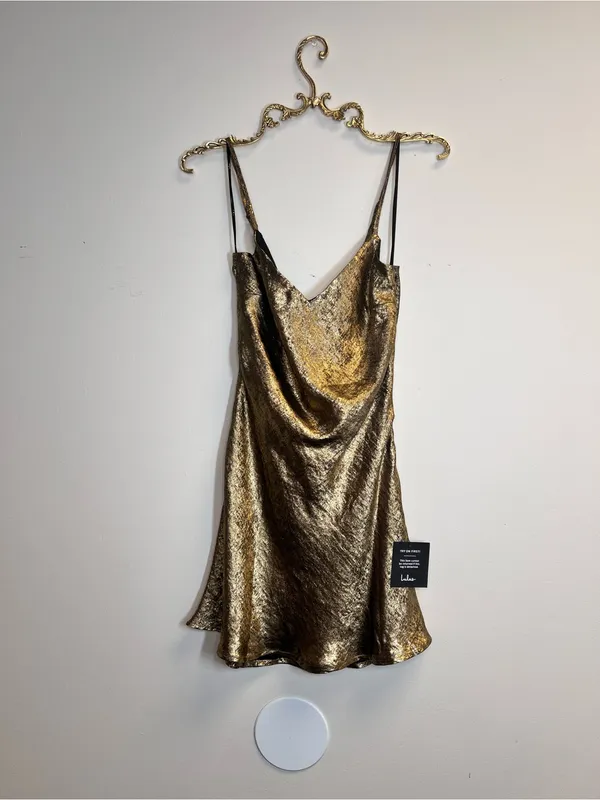 Lulu's Shimmery Satin Gold Cowl Back Slip Dress - Image 6