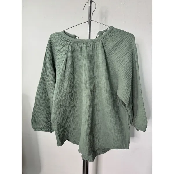Alice Walk Top Green Organic Cotton Gauze Tie Back Long Sleeve Blouse M - Image 2