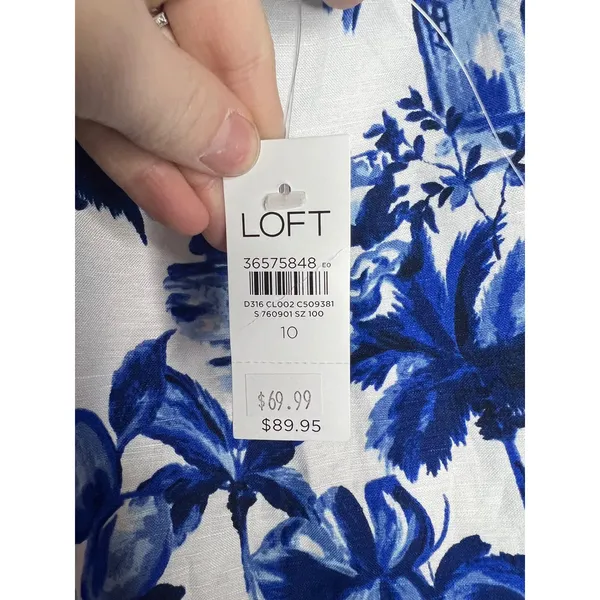 LOFT Blue White Linen Blend Tropical Landscape‎ Toile Shift Dress Size 10 NWTn - Image 3
