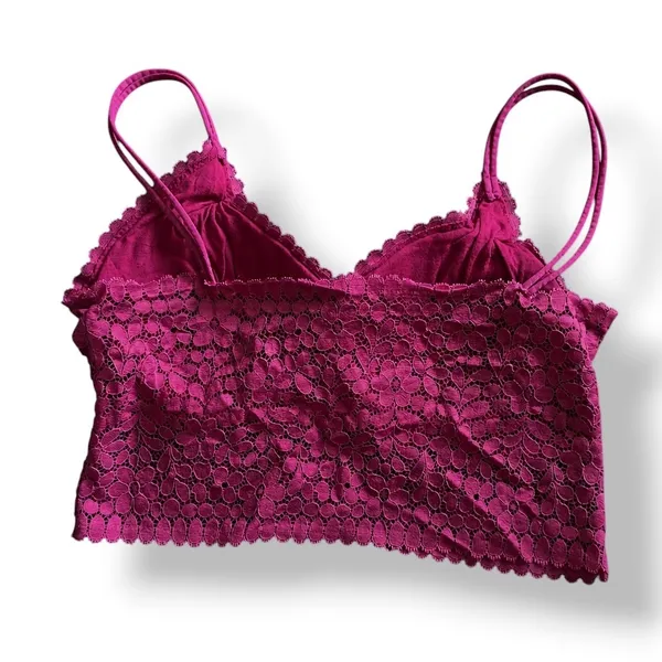 Maroon Floral Lace Bralette Crop Top Double Spaghetti Strap V-Neck Scalloped - Image 4