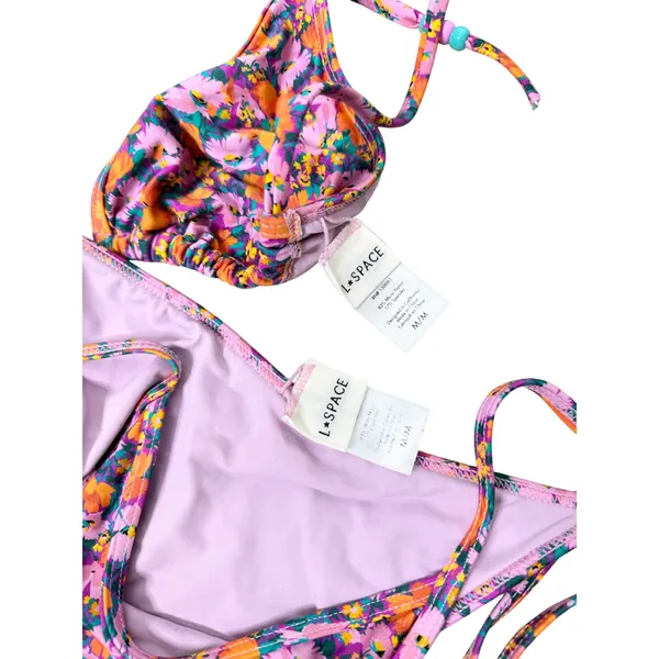 L*Space Bikini Set Multicolor Floral Triangle Top Side Tie Bottoms Size M/M - Image 6