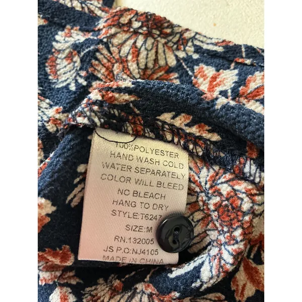 Entro Navy Floral Bell Sleeve Blouse T6247 Navy Rust Boho Keyhole Top Medium - Image 5