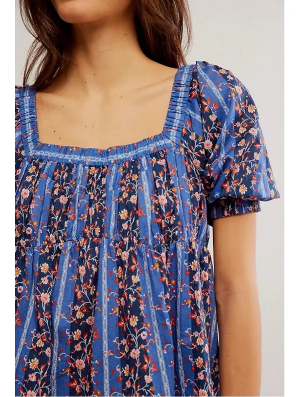 Free People Retro 70s Bohemian Vintage Lover Blouse Dutch Blue Combo Medium - Image 8