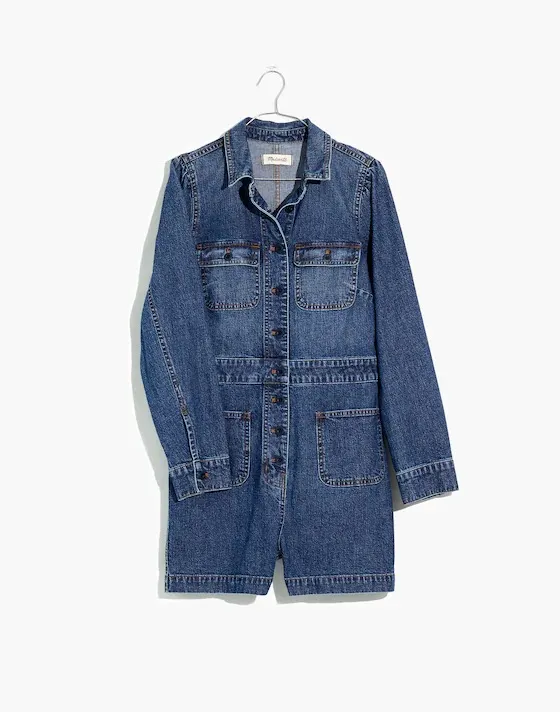 $128 Madewell Blue Denim Long-Sleeve Jumpsuit Short Romper in Vasey Wash - Image 3