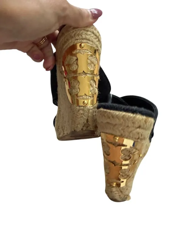 TORY BURCH Black Canvas Espadrilles Wedges Sandals Size 7.5 - Image 3