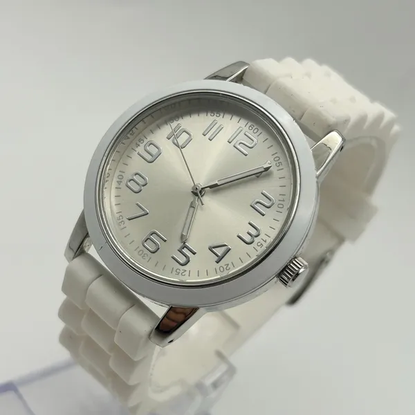 Women’s Silver-tone Stainless Steel Watch White Silicon Band, working - Image 2