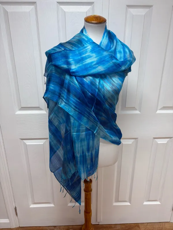 Blue Brushstroke Hand-Dyed Mulberry Silk Scarf -31" x 67" - NEW In Bag. - Image 2